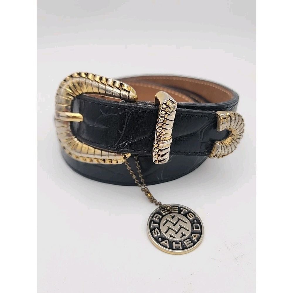 Vintage STREETS AHEAD Black Leather Belt W/Decorative Buckle & Charm Sz L 34.75"